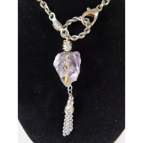 Handmade Amethyst Nugget Heart Pendant Necklace Silver Tone Chain Tassel Unique - Picture 3 of 5